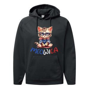 Patriotic Cat Meowica 4th Of July Funny Cat Lover Performance Fleece Hoodie