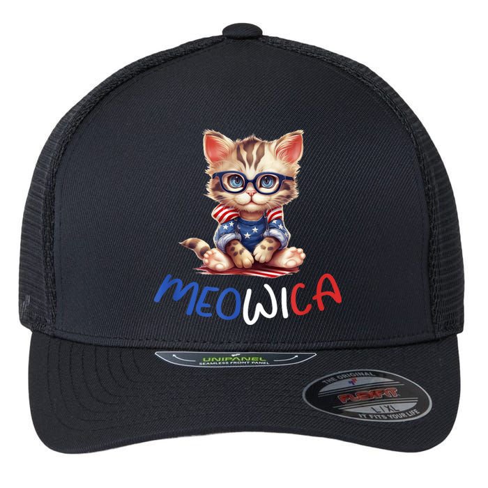 Patriotic Cat Meowica 4th Of July Funny Cat Lover Flexfit Unipanel Trucker Cap