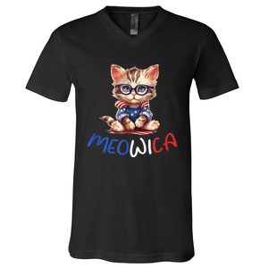 Patriotic Cat Meowica 4th Of July Funny Cat Lover V-Neck T-Shirt