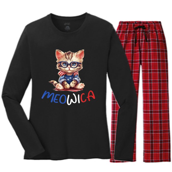 Patriotic Cat Meowica 4th Of July Funny Cat Lover Women's Long Sleeve Flannel Pajama Set 