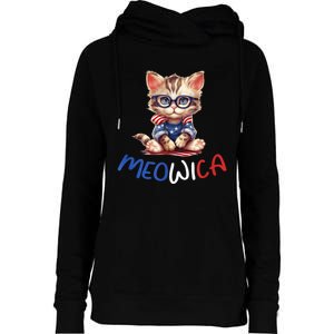 Patriotic Cat Meowica 4th Of July Funny Cat Lover Womens Funnel Neck Pullover Hood