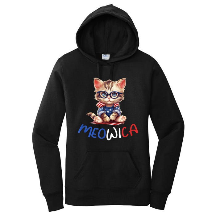 Patriotic Cat Meowica 4th Of July Funny Cat Lover Women's Pullover Hoodie