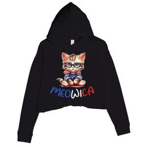 Patriotic Cat Meowica 4th Of July Funny Cat Lover Crop Fleece Hoodie