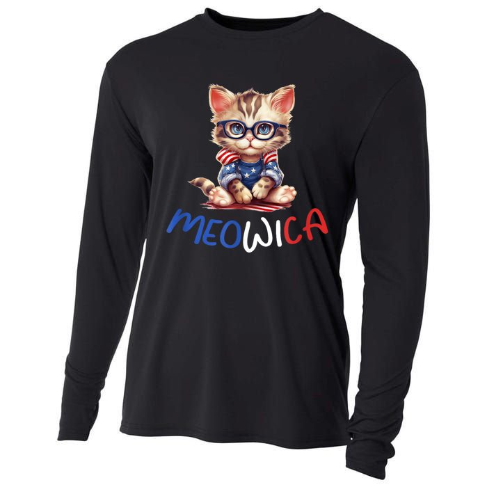 Patriotic Cat Meowica 4th Of July Funny Cat Lover Cooling Performance Long Sleeve Crew