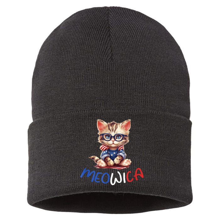 Patriotic Cat Meowica 4th Of July Funny Cat Lover Sustainable Knit Beanie