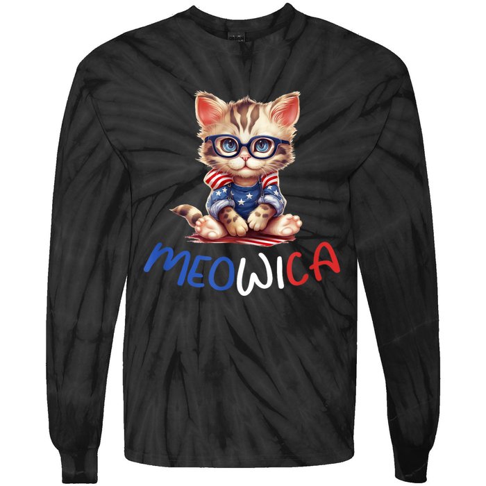 Patriotic Cat Meowica 4th Of July Funny Cat Lover Tie-Dye Long Sleeve Shirt