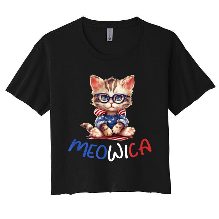 Patriotic Cat Meowica 4th Of July Funny Cat Lover Women's Crop Top Tee