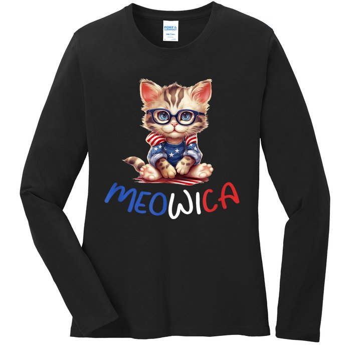 Patriotic Cat Meowica 4th Of July Funny Cat Lover Ladies Long Sleeve Shirt