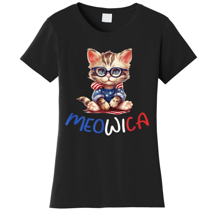 Patriotic Cat Meowica 4th Of July Funny Cat Lover Women's T-Shirt