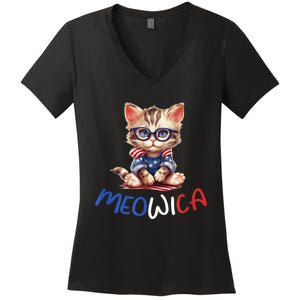 Patriotic Cat Meowica 4th Of July Funny Cat Lover Women's V-Neck T-Shirt