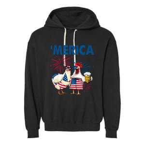 Patriotic Chicken Merica 4th Of July Beer Independence Day Garment-Dyed Fleece Hoodie