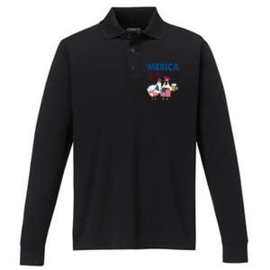 Patriotic Chicken Merica 4th Of July Beer Independence Day Performance Long Sleeve Polo