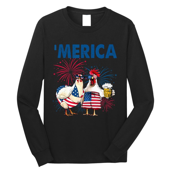 Patriotic Chicken Merica 4th Of July Beer Independence Day Long Sleeve Shirt