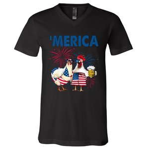 Patriotic Chicken Merica 4th Of July Beer Independence Day V-Neck T-Shirt