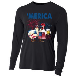 Patriotic Chicken Merica 4th Of July Beer Independence Day Cooling Performance Long Sleeve Crew