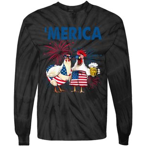 Patriotic Chicken Merica 4th Of July Beer Independence Day Tie-Dye Long Sleeve Shirt