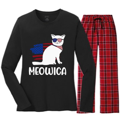 Patriotic Cat Meowica 4th of July Funny Kitten Lover Women's Long Sleeve Flannel Pajama Set 