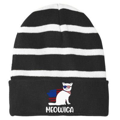 Patriotic Cat Meowica 4th of July Funny Kitten Lover Striped Beanie with Solid Band