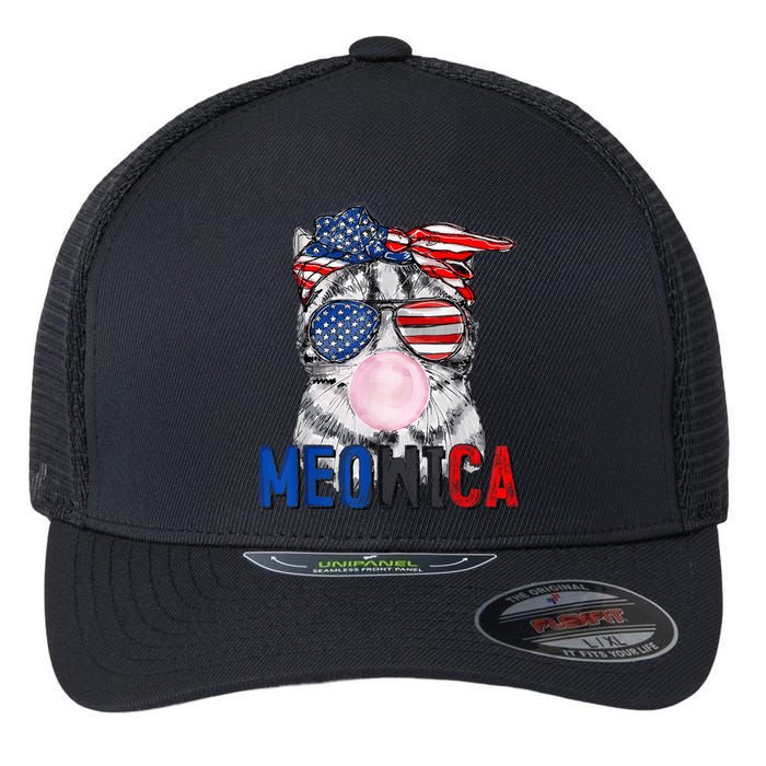 Patriotic Cat Meowica Bubblegum 4th of July Funny Cat Lover Flexfit Unipanel Trucker Cap