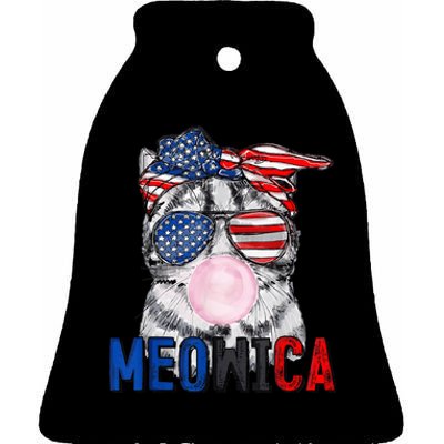 Patriotic Cat Meowica Bubblegum 4th of July Funny Cat Lover Ceramic Bell Ornament