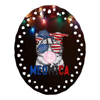 Patriotic Cat Meowica Bubblegum 4th of July Funny Cat Lover Ceramic Oval Ornament