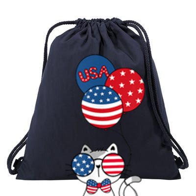 Patriotic Cat Meowica 4th Of July Funny Kitten Lover Drawstring Bag