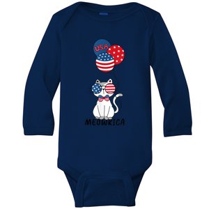 Patriotic Cat Meowica 4th Of July Funny Kitten Lover Baby Long Sleeve Bodysuit