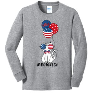 Patriotic Cat Meowica 4th Of July Funny Kitten Lover Kids Long Sleeve Shirt