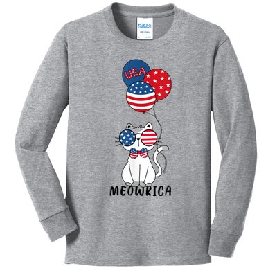 Patriotic Cat Meowica 4th Of July Funny Kitten Lover Kids Long Sleeve Shirt