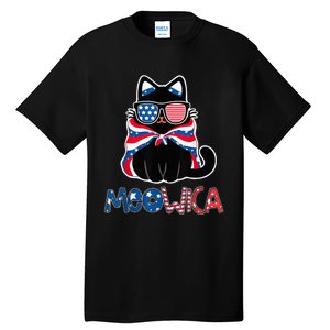 Patriotic Cat Meowica Sunglasses 4th of July Funny Cat Lover Tall T-Shirt