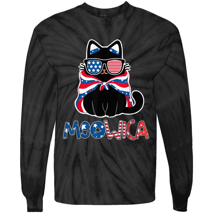 Patriotic Cat Meowica Sunglasses 4th of July Funny Cat Lover Tie-Dye Long Sleeve Shirt