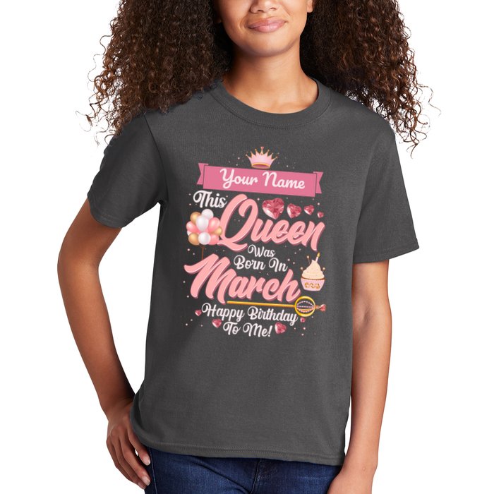 Personalized Custom Name This Queen Was Born In March Happy Birthday To Me Kids T-Shirt