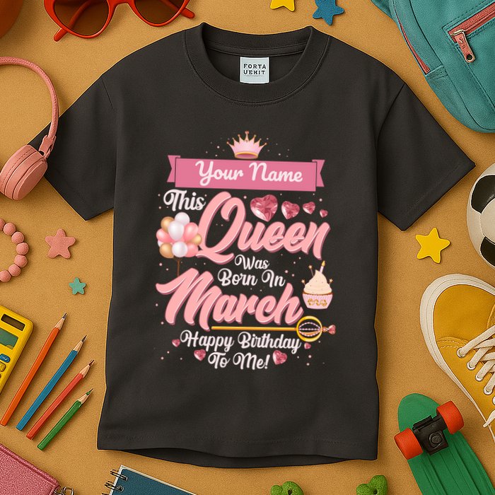 Personalized Custom Name This Queen Was Born In March Happy Birthday To Me Kids T-Shirt