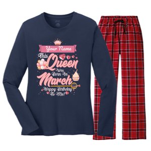 Personalized Custom Name This Queen Was Born In March Happy Birthday To Me Women's Long Sleeve Flannel Pajama Set 