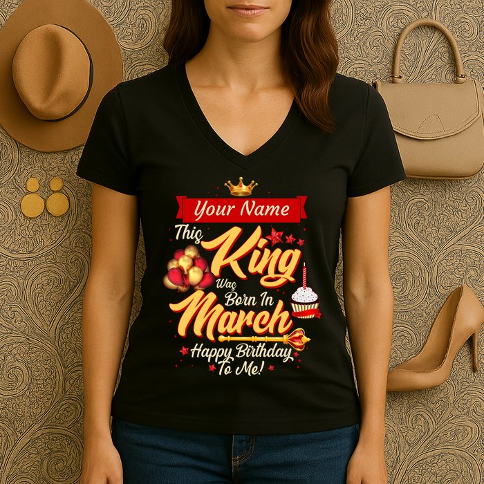 Please Delete! Personalized Custom Name This King Was Born In March Happy Birthday To Me  Women's V-Neck T-Shirt