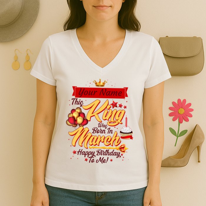 Personalized Custom Name This King Was Born In March Happy Birthday To Me Women's V-Neck T-Shirt