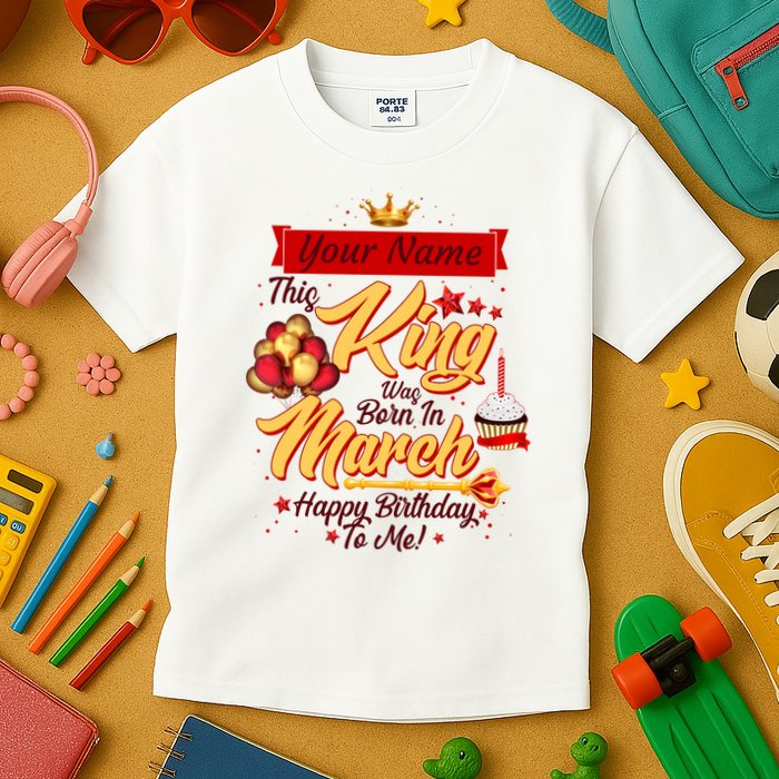 Personalized Custom Name This King Was Born In March Happy Birthday To Me Kids T-Shirt