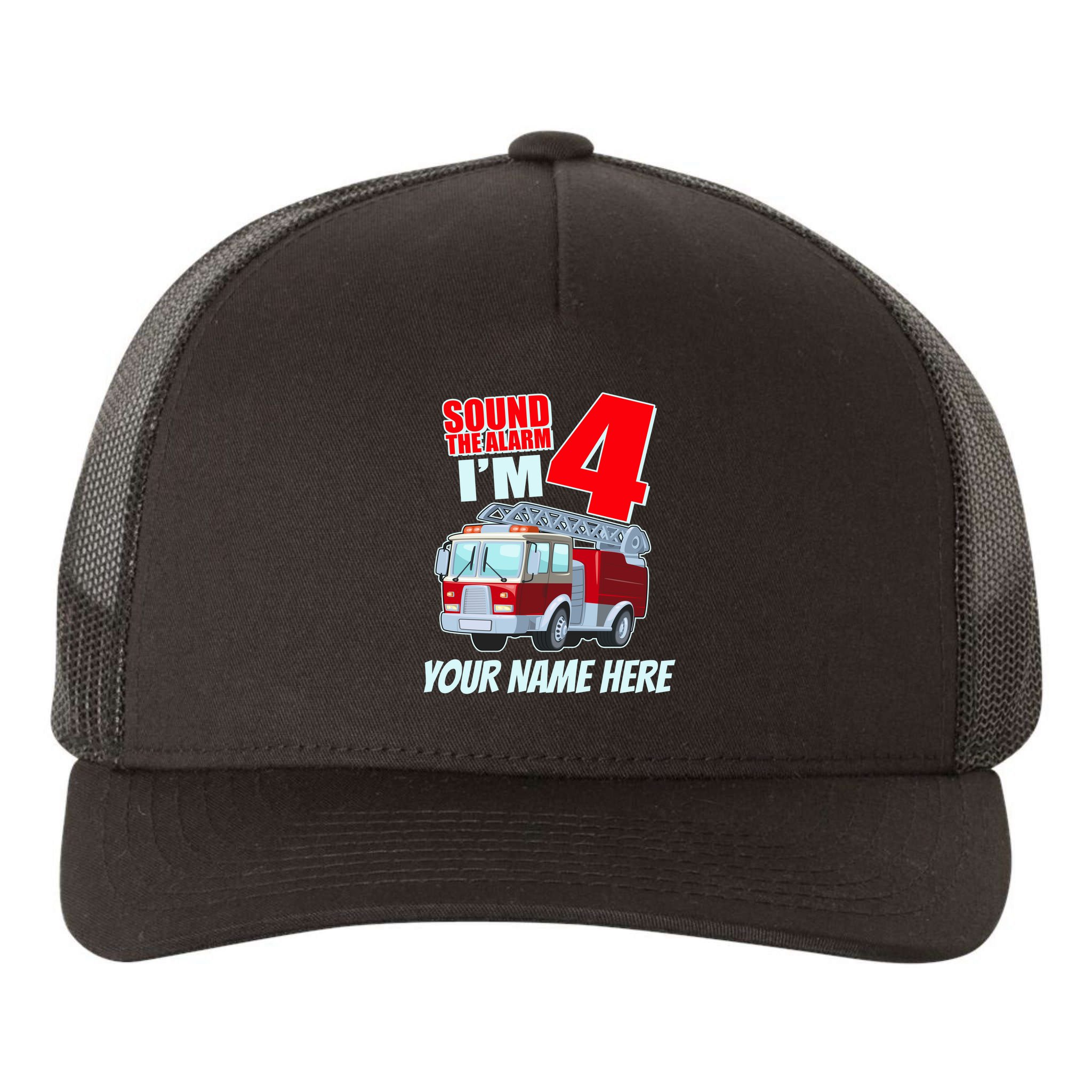 Personalized Custom Name Cute Funny Sound The Alarm I'm 4 Four Yupoong Adult 5-Panel Trucker Hat