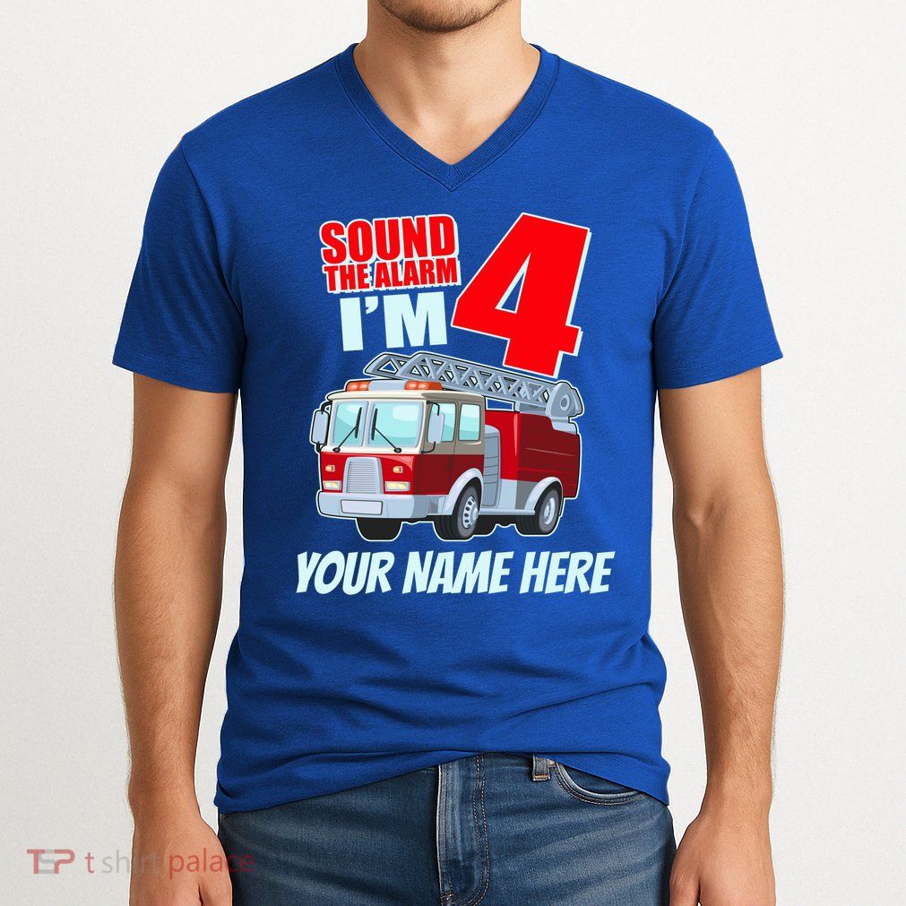 Personalized Custom Name Cute Funny Sound The Alarm I'm 4 Four V-Neck T-Shirt