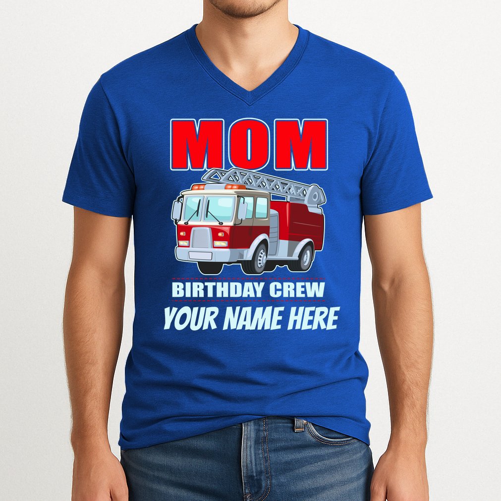 Personalized Custom Name Cute Funny Mom Birthday Crew Firetruck V-Neck T-Shirt