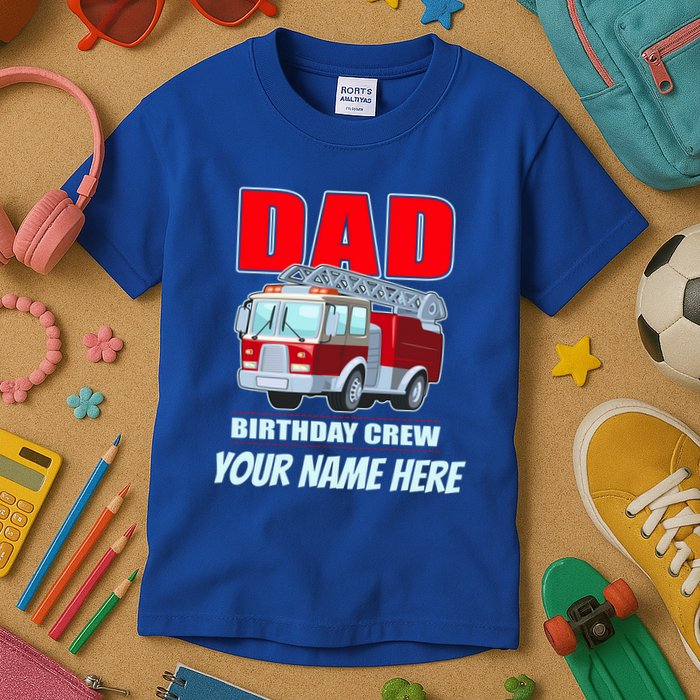 Personalized Custom Name Dad Funny Birthday Crew Firetruck Kids T-Shirt