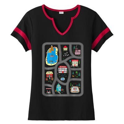 Play Cars On DadS Back Mat Road Car Race Track Ladies Halftime Notch Neck Tee