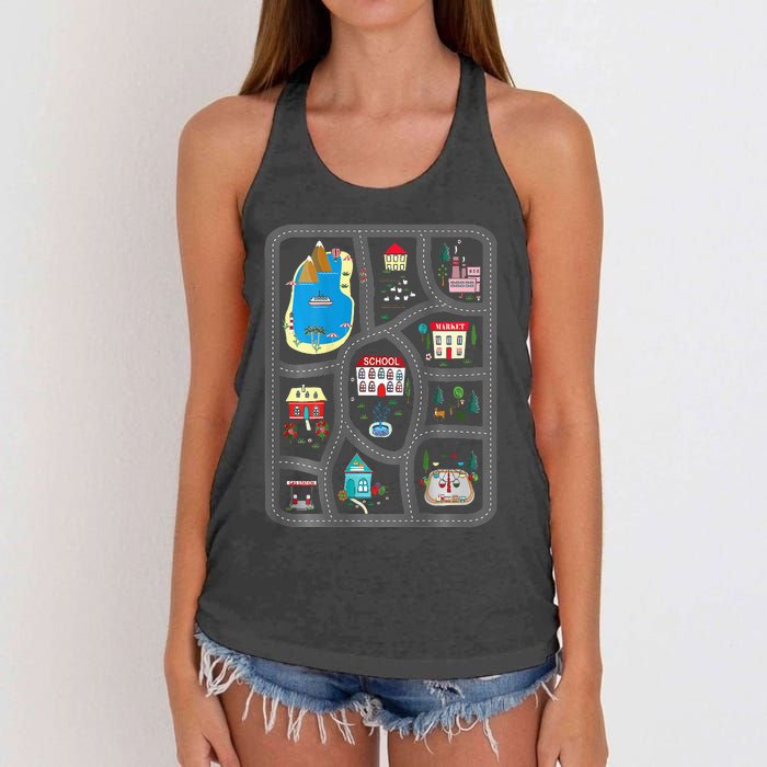 Play Cars On DadS Back Mat Road Car Race Track Women's Knotted Racerback Tank