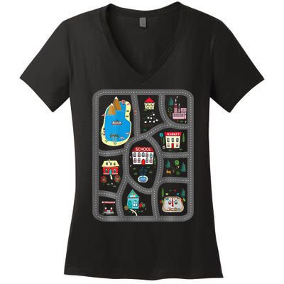 Play Cars On DadS Back Mat Road Car Race Track Women's V-Neck T-Shirt