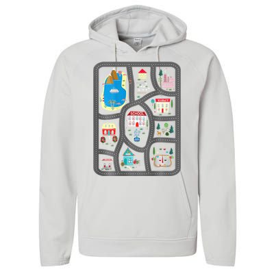 Play Cars On DadS Back Mat Road Car Race Track Performance Fleece Hoodie