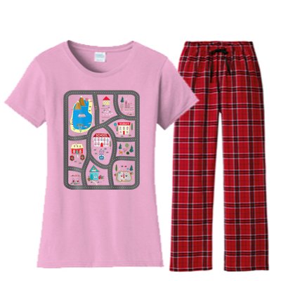 Play Cars On DadS Back Mat Road Car Race Track Women's Flannel Pajama Set