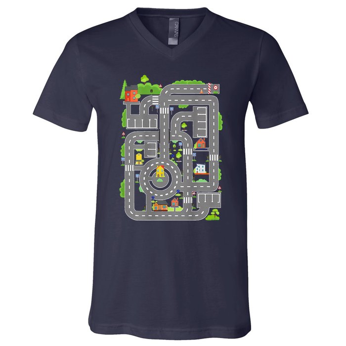 Play Cars On Dads Back Play Mat Car Race Track ( On Back) V-Neck T-Shirt