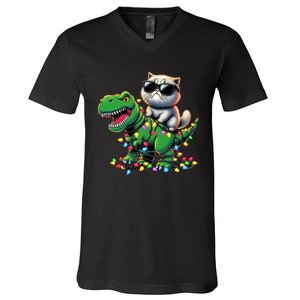 Persian Cat On Xmas Lights Dinosaur T Rex Funny Gift V-Neck T-Shirt