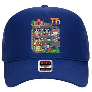 Play Cars On DadS Back Funny FatherS Day Race Track High Crown Mesh Back Trucker Hat