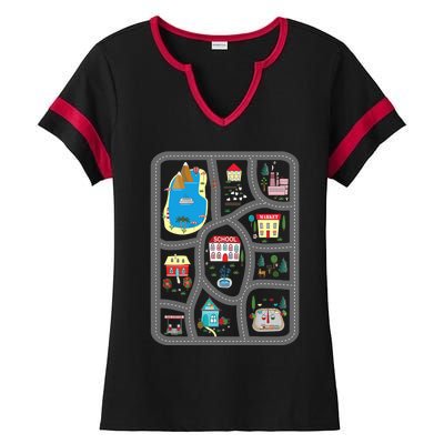 Play Cars On Dad's Back Mat Road Car Race Track Gift Ladies Halftime Notch Neck Tee